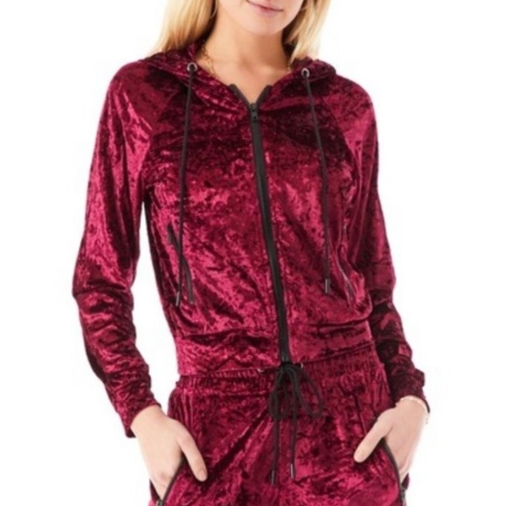 LF Emma & Sam Crushed Velvet Long Sleeve Zip Up Hoodie Sweatshirt Burgundy